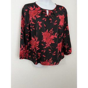 Talbots Womens Floral Popover Blouse Size XL Petite Red Black Long Sleeve Satin